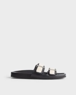 Rue Canvas-Trimmed Leather Slide